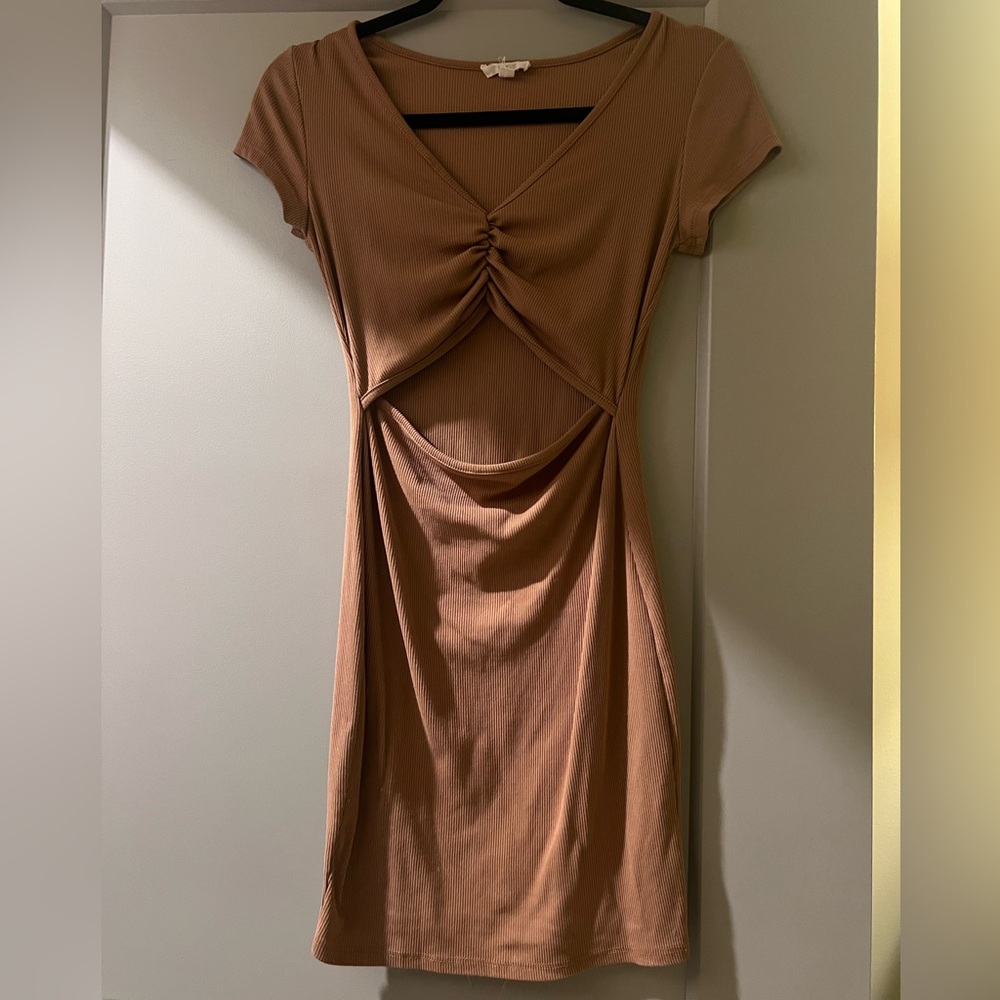 See You Monday Gold Ruched Scoop Neck Mini Dress